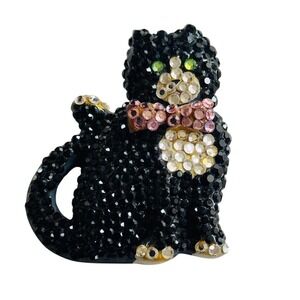 VTG Cat Lovers Estate Katrina Signed Brooch Pin kitten Bow Crystal Rhinestone